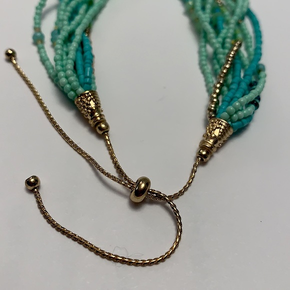 Multi Strand Green and Gold Bead Bracelet with Adjustable Pull Clasp - Picture 5 of 6